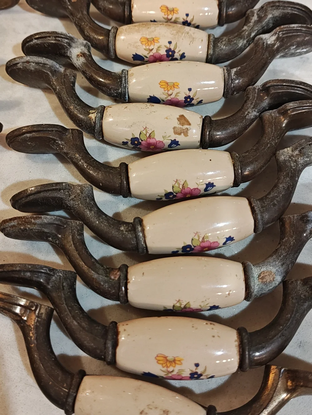 Vintage Porcelain and Brass Farmhouse Country Cabinet Drawer Handles Floral EUC